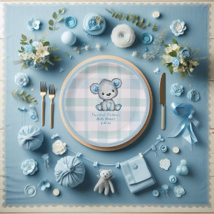 Cute Bear Boy Plaid Blue Paper Plate
