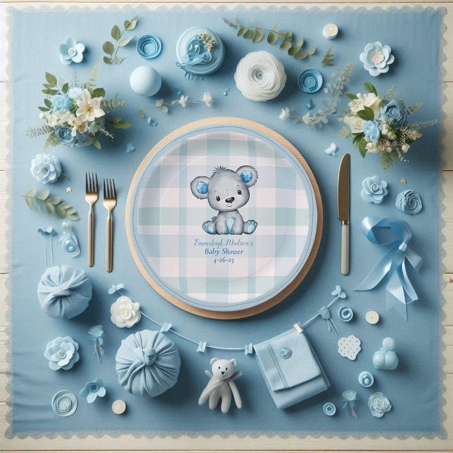 Cute Bear Boy Plaid Blue Paper Plate (Creator Uploaded)
