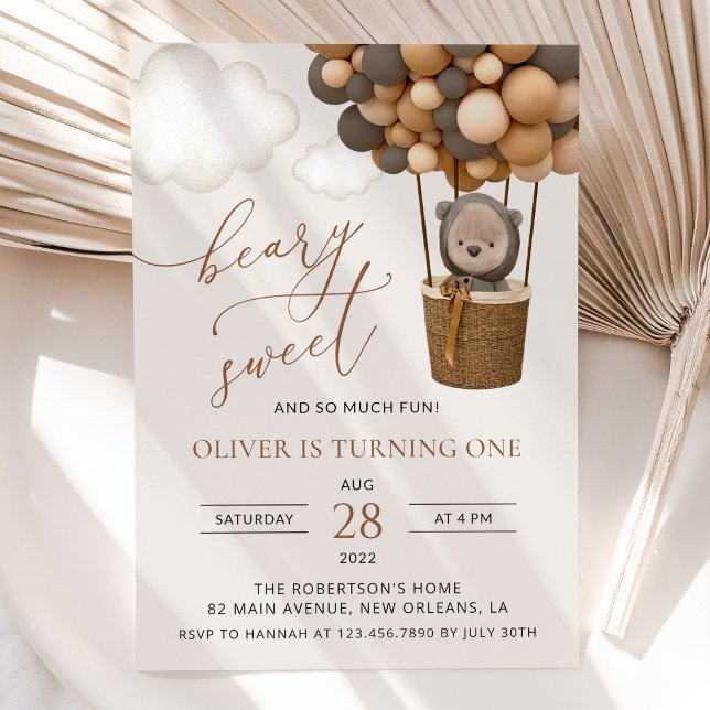 Cute Bear, Brown Balloons, First Birthday Invitation (Creator Uploaded)