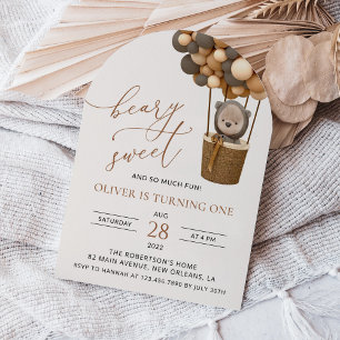 Cute Bear, Brown Balloons, First Birthday Invitation