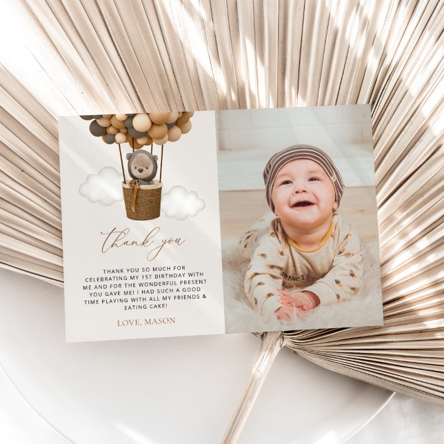 Cute Bear, Brown Balloons, First Birthday Thank You Card (Creator Uploaded)