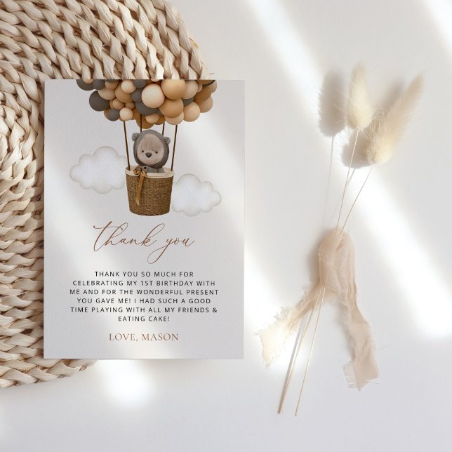 Cute Bear, Brown Balloons, First Birthday Thank You Card (Creator Uploaded)