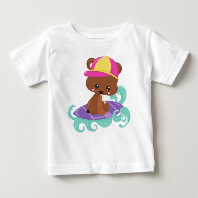 Cute Bear, Brown Bear, Little Bear, Surfing Board Baby T-Shirt (Front)