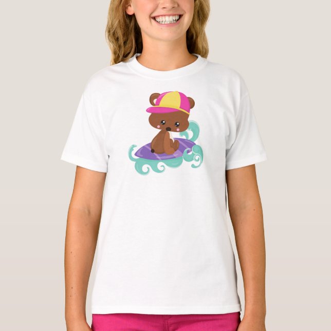 Cute Bear, Brown Bear, Little Bear, Surfing Board T-Shirt (Front)