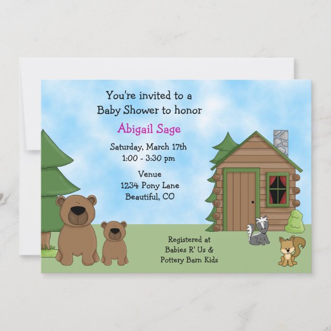 Cute Bear & Cabin Baby Shower Invitation for Girls (Front)