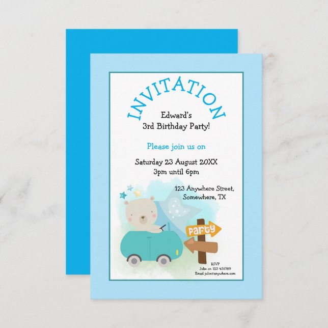 Cute Bear Car Boy 3rd Birthday Party Blue Invitation (Front/Back)