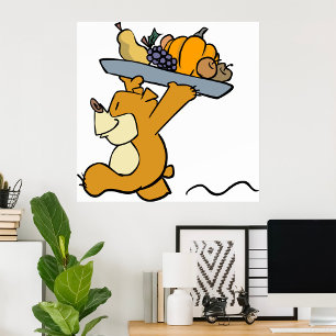 Cute Bear Carrying a Festive Harvest Platter  Poster