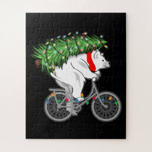 Cute Bear Carrying Christmas Tree Gift For Cyclist Jigsaw Puzzle