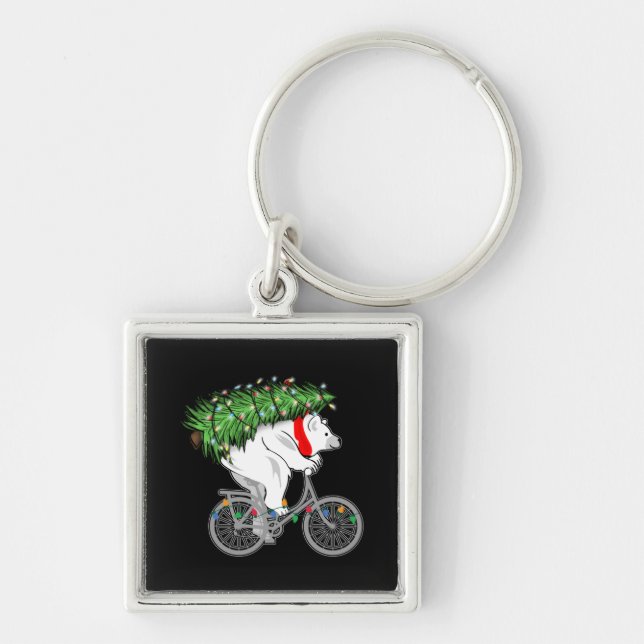 Cute Bear Carrying Christmas Tree Gift For Cyclist Key Ring (Front)