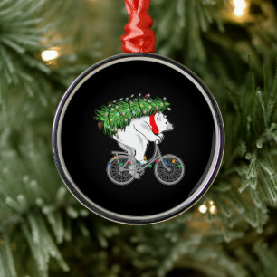 Cute Bear Carrying Christmas Tree Gift For Cyclist Metal Tree Decoration