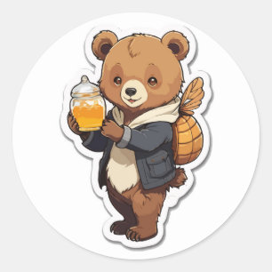 Cute Bear Cartoon with Honey Illustration Classic Round Sticker