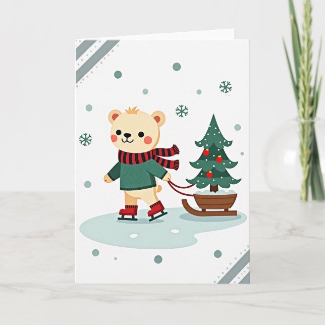Cute Bear Christmas Ice Skating Card (Front)