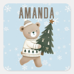 Cute Bear Christmas Tree Snowflakes Kids Name Square Sticker