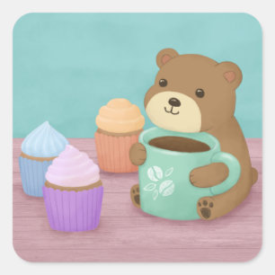 Cute Bear, Coffee, and Cupcakes Illustration Art Square Sticker
