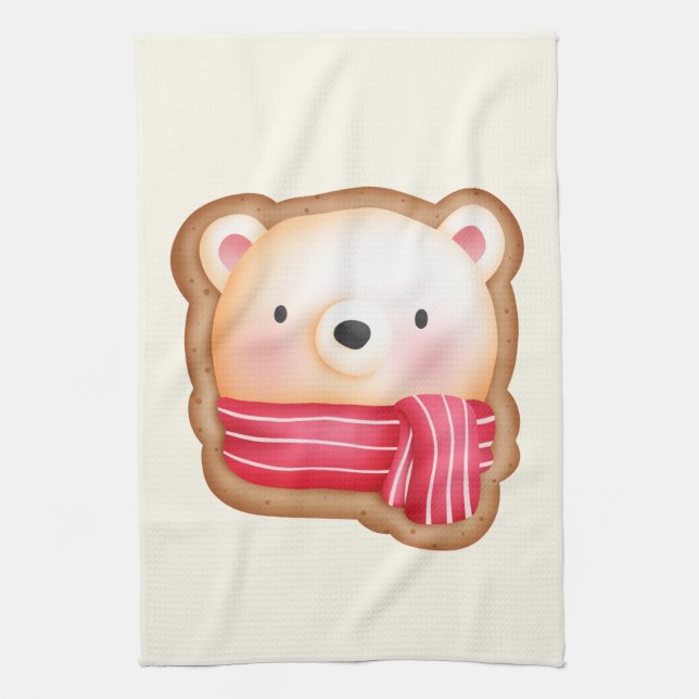 Cute Bear Cookie Image WInter Themed Tea Towel (Vertical)