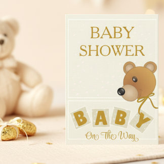 Cute Bear Cream & Gold Baby Shower Invitation