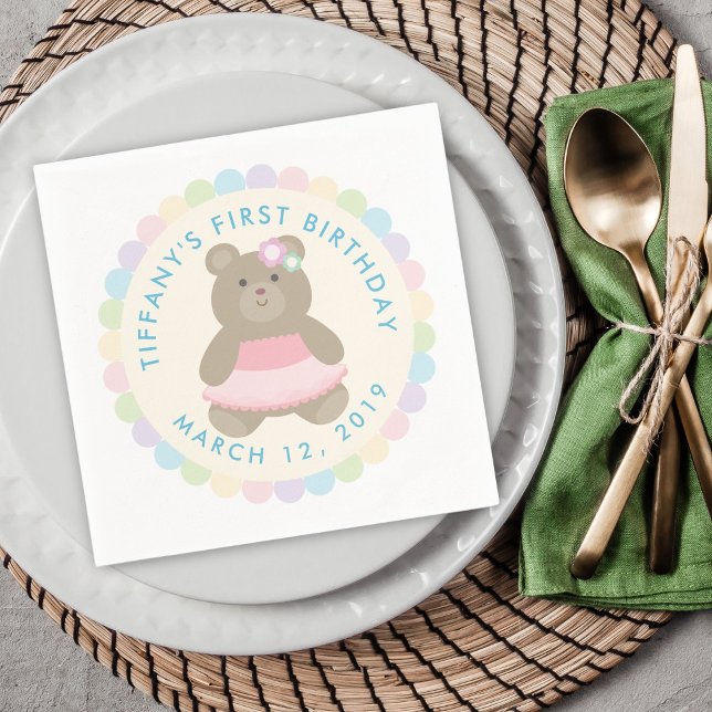 Cute Bear Cub Ballerina Baby First Birthday Party Napkin (Creator Uploaded)