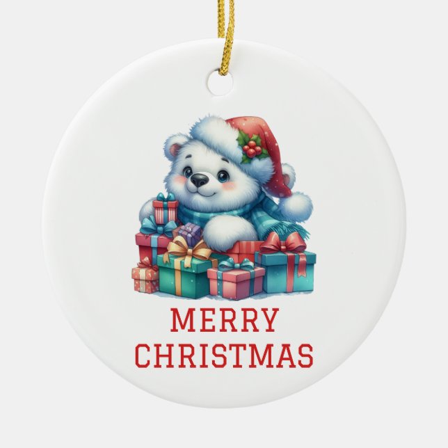 Cute Bear Cub Christmas Ceramic Tree Decoration (Front)