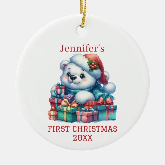 Cute Bear Cub Christmas Ceramic Tree Decoration (Front)