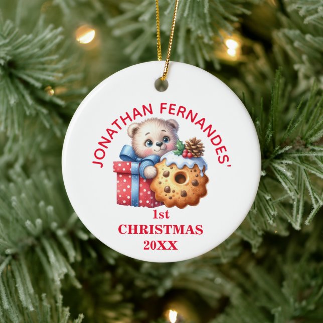 Cute Bear Cub First Christmas Personalised Ceramic Tree Decoration (Tree)