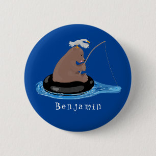 Cute bear cub fishing cartoon illustration 6 cm round badge