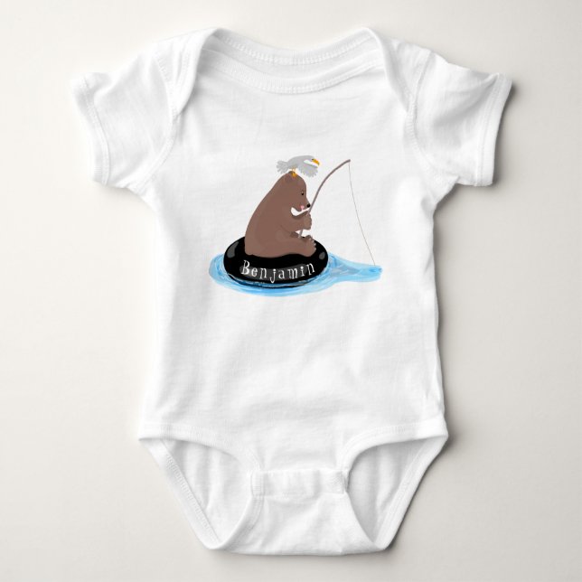 Cute bear cub fishing cartoon illustration baby bodysuit (Front)