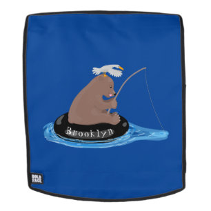 Cute bear cub fishing cartoon illustration backpack