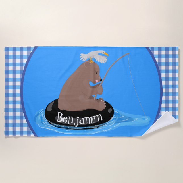 Cute bear cub fishing cartoon illustration beach towel (Front)