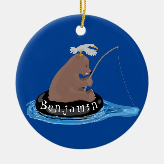 Cute bear cub fishing cartoon illustration ceramic tree decoration (Front)