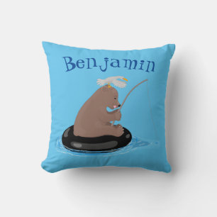 Cute bear cub fishing cartoon illustration cushion