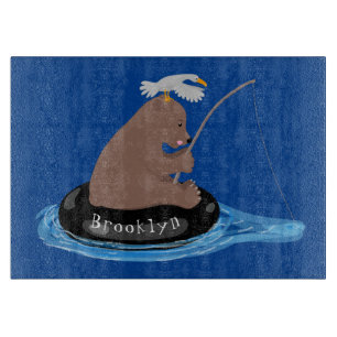 Cute bear cub fishing cartoon illustration cutting board