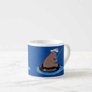 Cute bear cub fishing cartoon illustration espresso cup