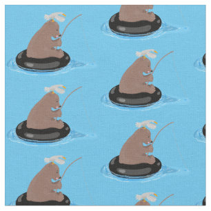 Cute bear cub fishing cartoon illustration fabric