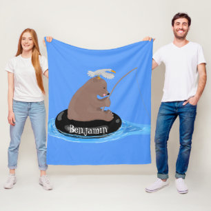 Cute bear cub fishing cartoon illustration fleece blanket