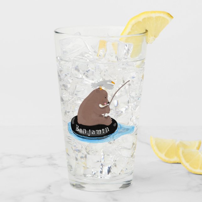 Cute bear cub fishing cartoon illustration glass (Back Ice)