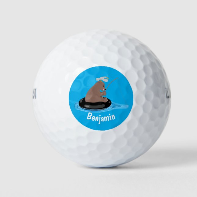 Cute bear cub fishing cartoon illustration golf balls (Front)