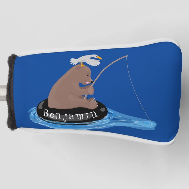 Cute bear cub fishing cartoon illustration golf head cover (Front)