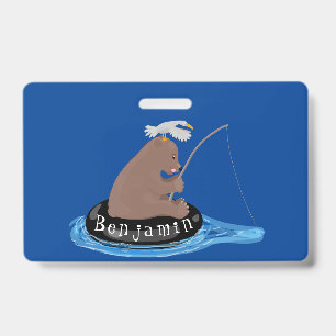 Cute bear cub fishing cartoon illustration ID badge
