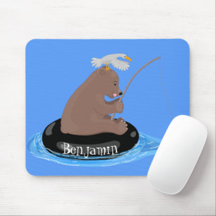 Cute bear cub fishing cartoon illustration mouse pad