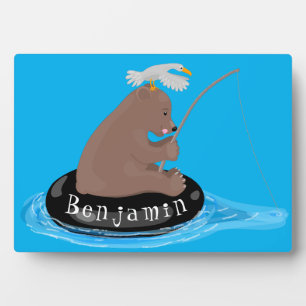 Cute bear cub fishing cartoon illustration plaque