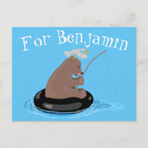 Cute bear cub fishing cartoon illustration postcard