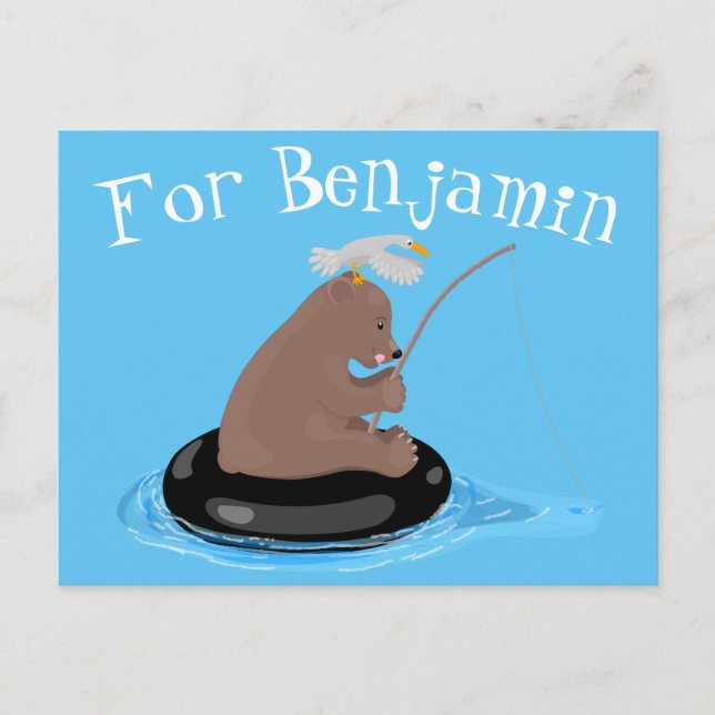 Cute bear cub fishing cartoon illustration postcard (Front)