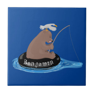 Cute bear cub fishing cartoon illustration tile