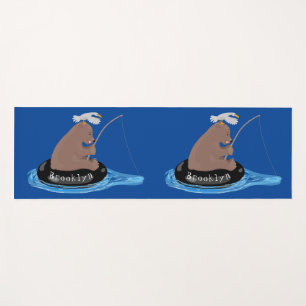 Cute bear cub fishing cartoon illustration yoga mat