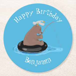 Cute bear cub fishing personalised birthday round paper coaster