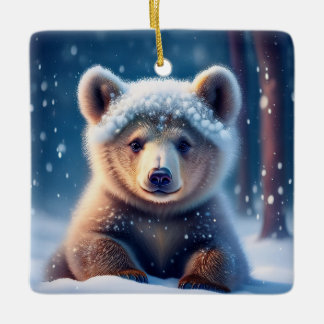 Cute Bear Cub In Snow Covered Forest Ceramic Ornam Ornament