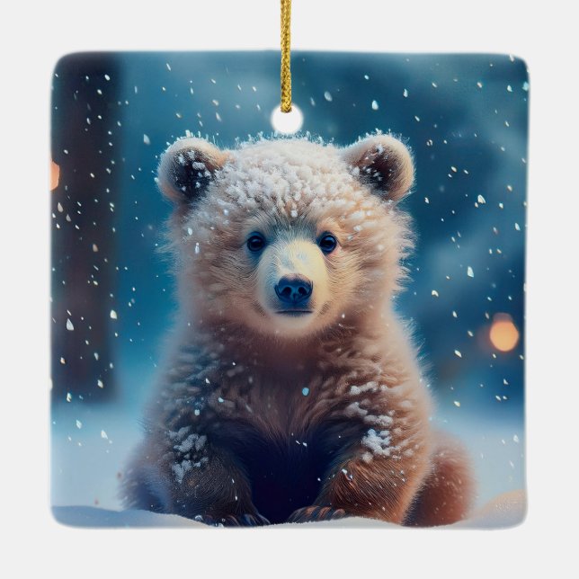 Cute Bear Cub In Snow Covered Forest Ceramic Ornament (Back)