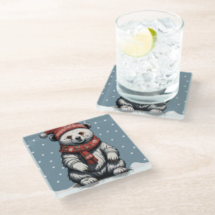 Cute Bear cub with Beanie and Scarf in Snow Fall Glass Coaster