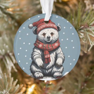 Cute Bear cub with Beanie and Scarf in Snow Fall Ornament