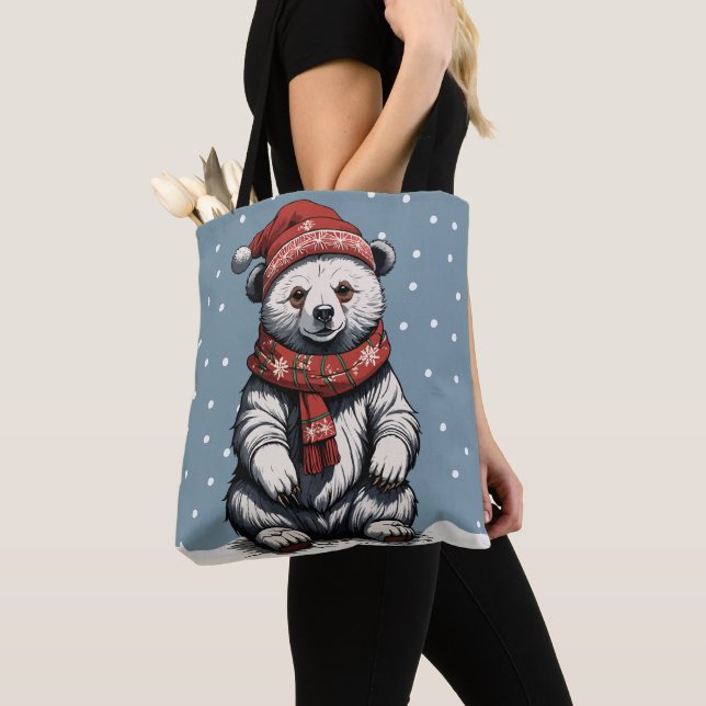 Cute Bear cub with Beanie and Scarf in Snow Fall Tote Bag (Close Up)